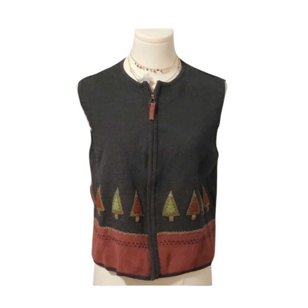 Vintage Woolrich 100% Cotton Charcoal Tree Applique Sweater Vest Size Large